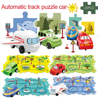 Children Puzzle Electric Railroad Speeder DIY Assembly Electric Car Automatic Rail City Scene Construction Education Toy Gift